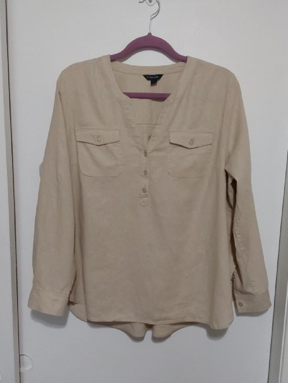 Tahari Cream Long-Sleeve Linen Blend Top